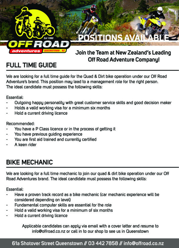 Full Time Guide & Mechanic required - Queenstown Trading